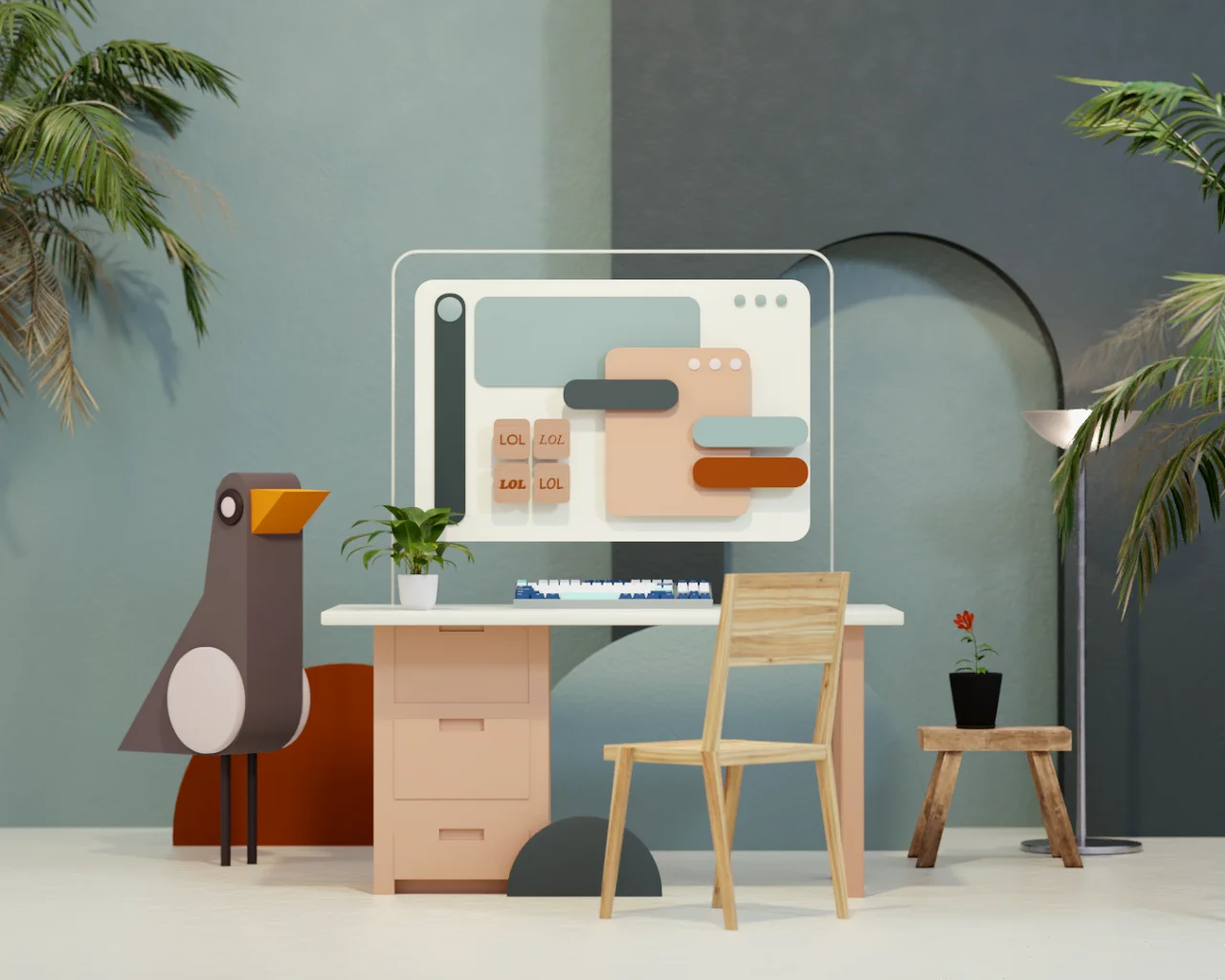 Dreamy illustrated workspace with a desk, plants and a computer