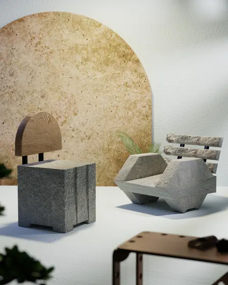 Sculptural stone chairs against a warm arched backdrop