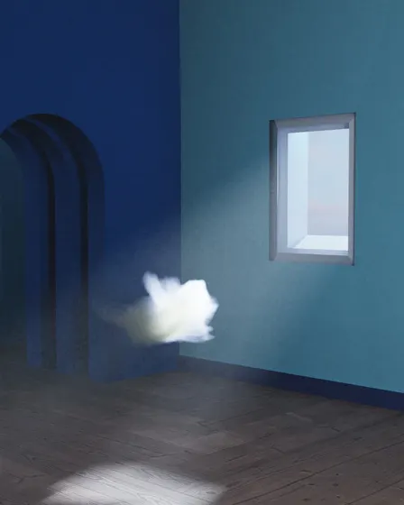 A white cloud drifts through a deep blue room with a window
