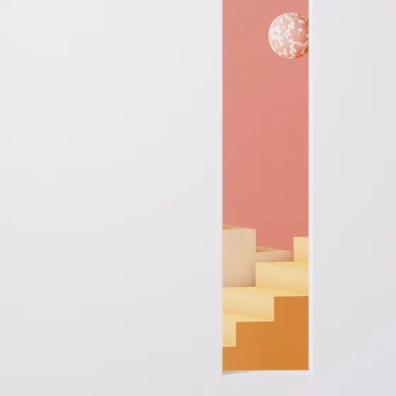 Sunlit yellow stairs glimpsed through a narrow opening in a pink wall