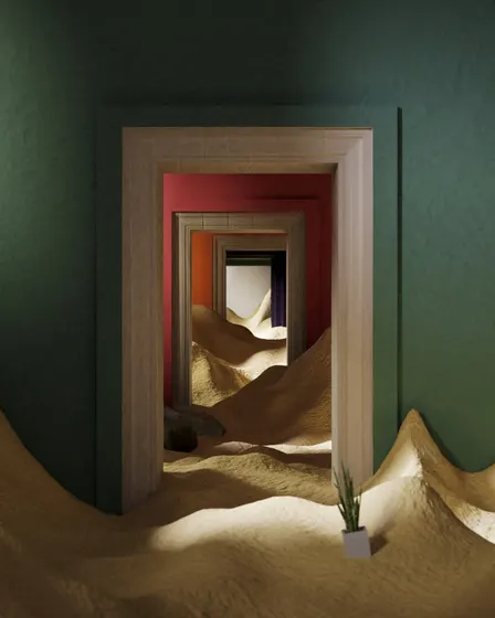 Nested colorful doorways opening onto a sandy interior