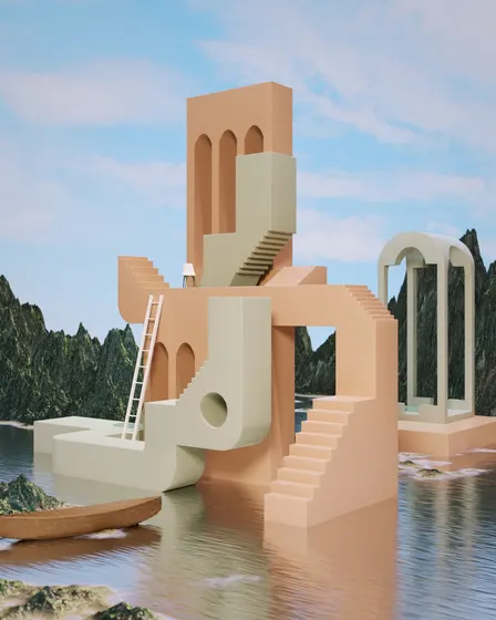 Pastel pink staircase tower standing over water