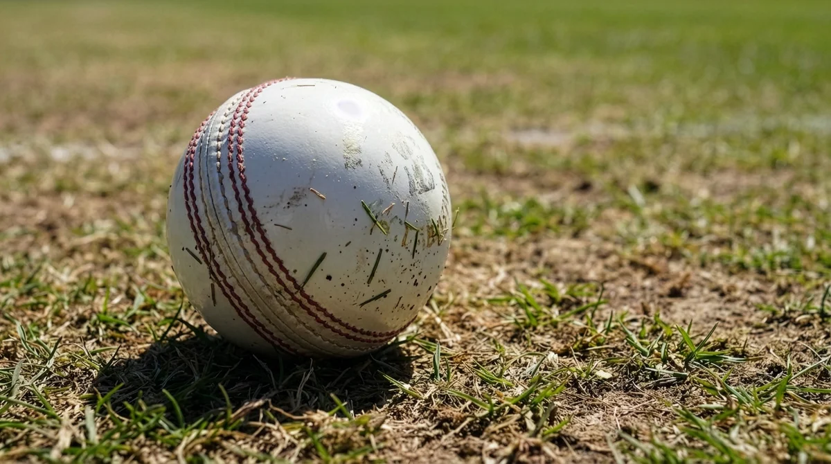Cricket ball on a grassy pitch
