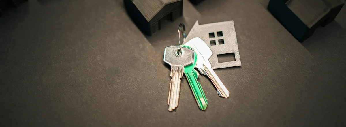 House keys with a house-shaped keyring beside small model houses