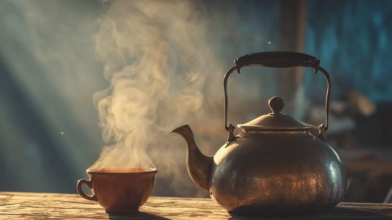 A brass kettle steaming beside a cup of chai on a wooden table in warm evening light